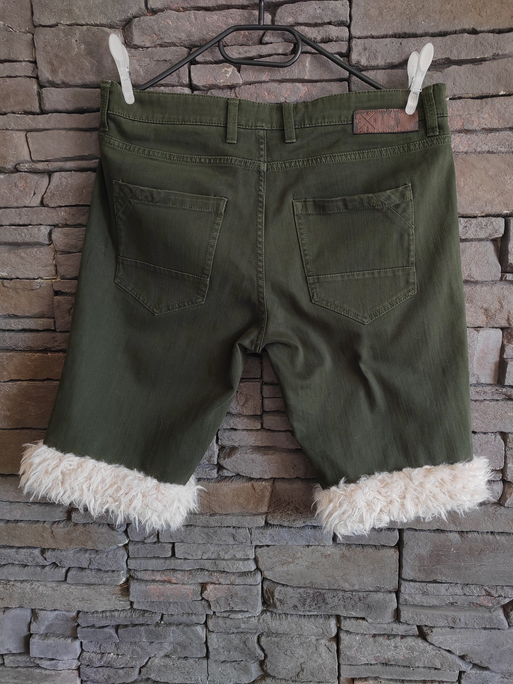 Luffy short men's green khaki slim fit handmade with faux fur back – Wal & Yfful A001 