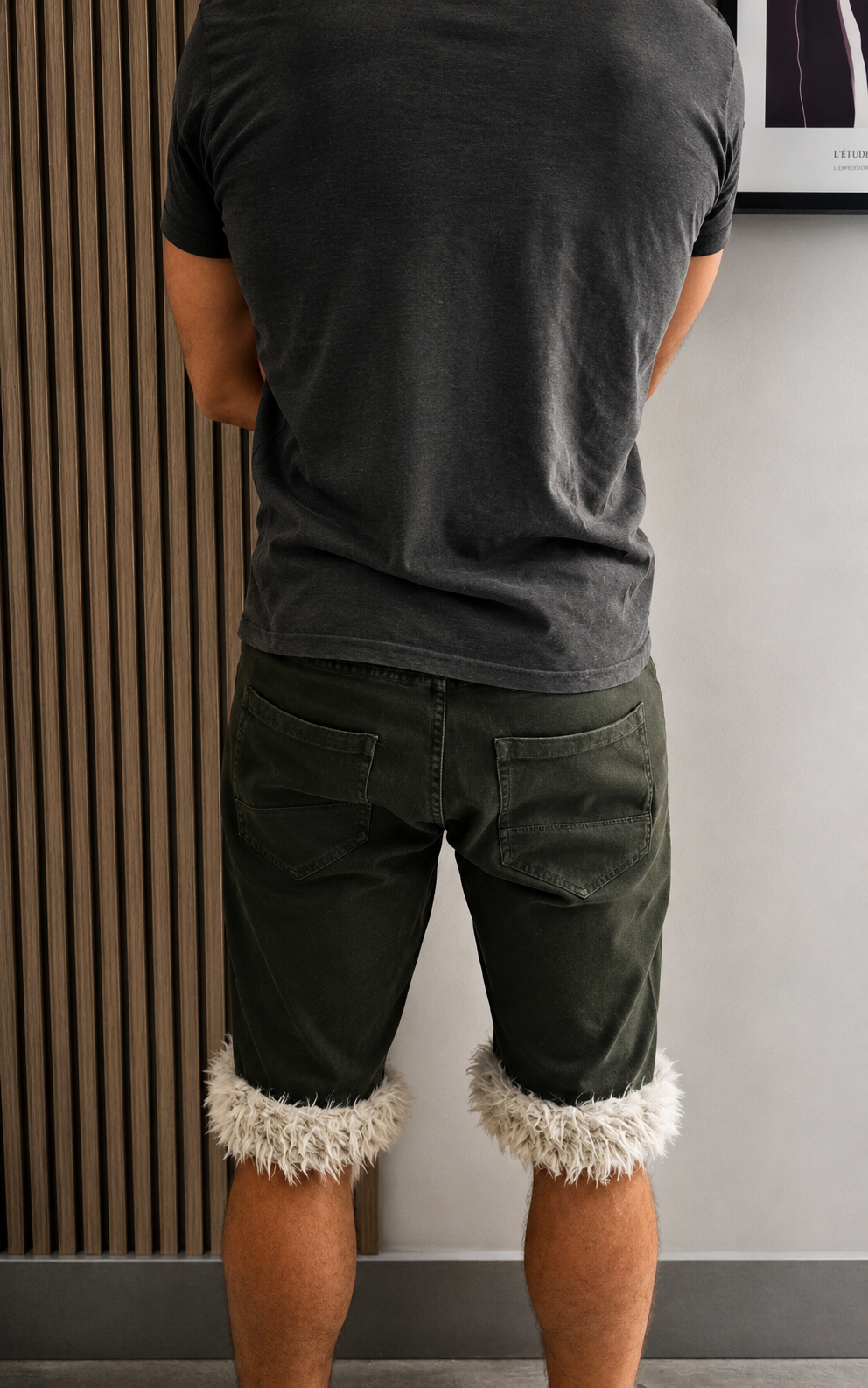 Short Luffy homme vert kaki coupe slim fait main avec fausse fourrure dos – Wal & Yfful A001