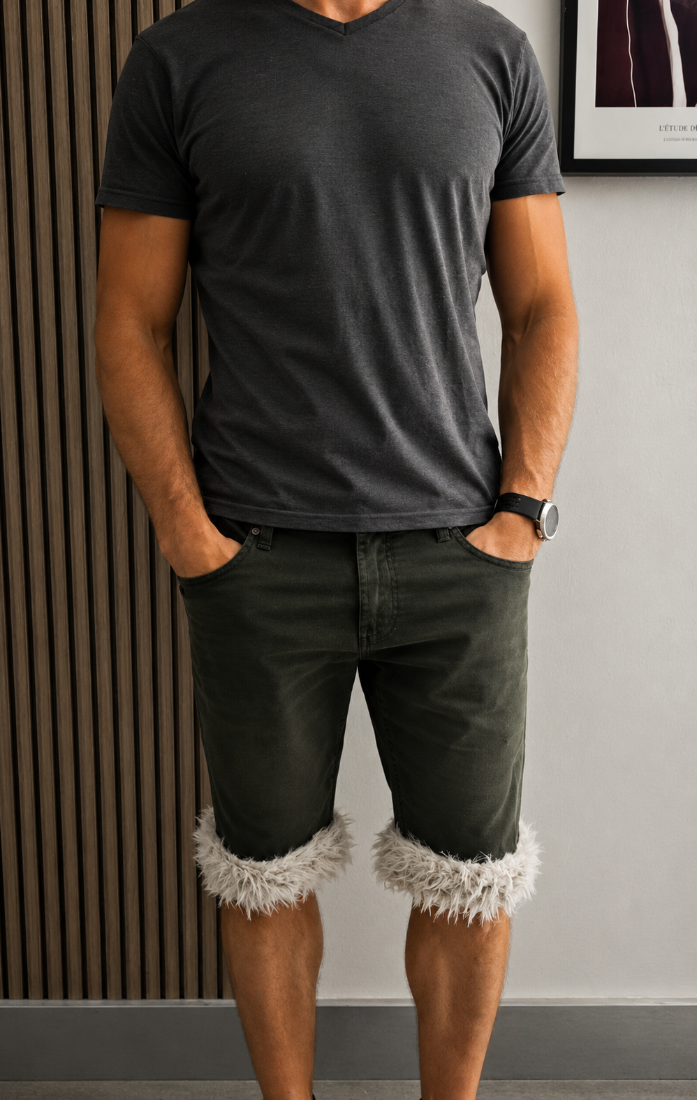 Short Luffy homme vert kaki coupe slim fait main avec fausse fourrure studio 01 – Wal & Yfful A001