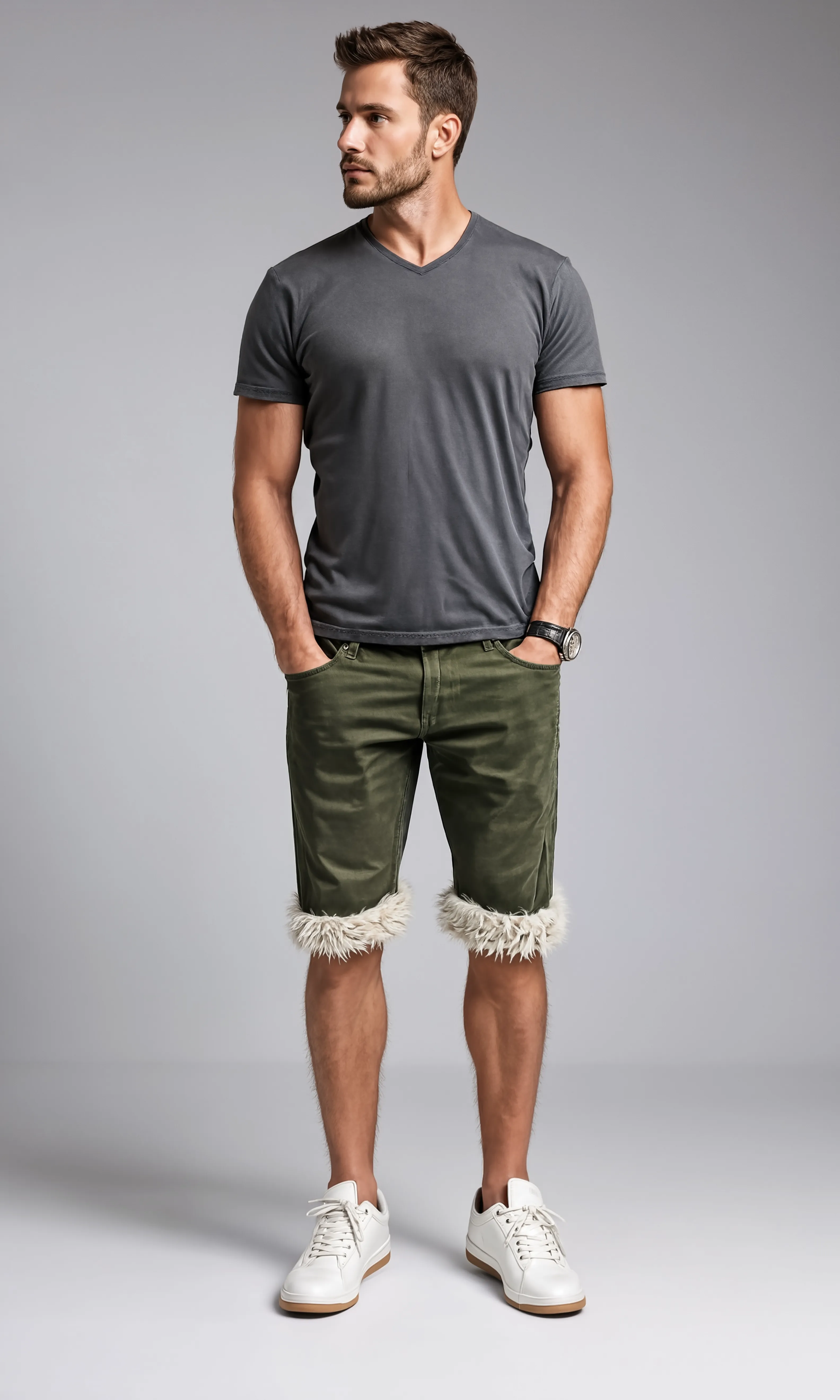 Short Luffy homme vert kaki coupe slim fait main avec fausse fourrure studio 03– Wal & Yfful A001