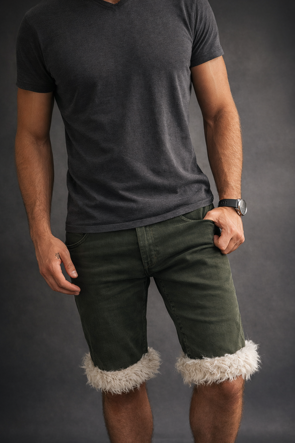 Short Luffy homme vert kaki coupe slim fait main avec fausse fourrure studio 04– Wal & Yfful A001