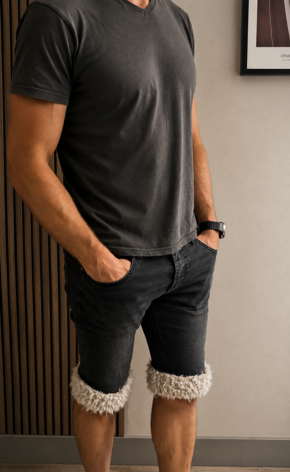 luffy short man black semi wide handmade with faux fur studio 06 – Wal & Yfful A014