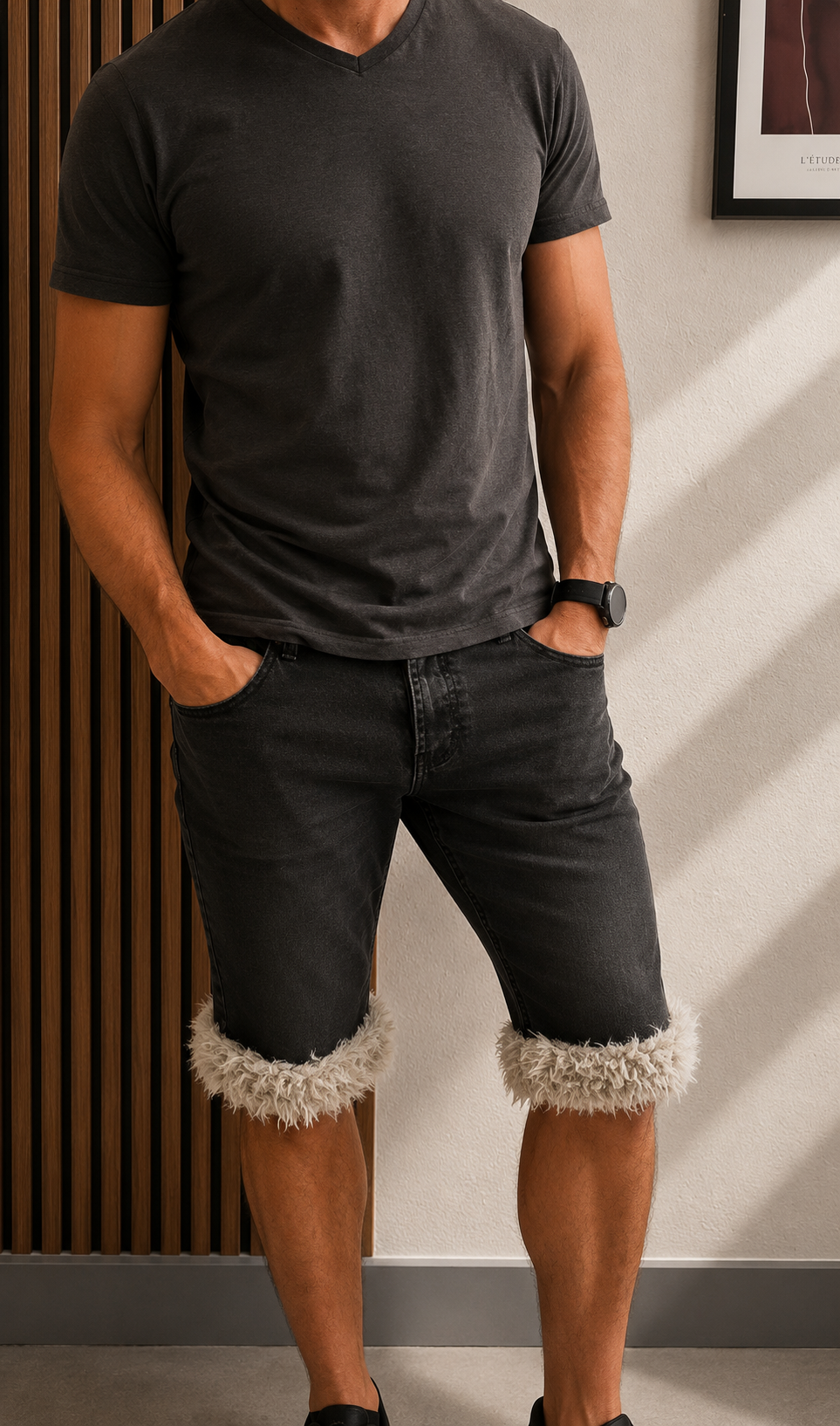 luffy short man black semi wide handmade with faux fur studio 05 – Wal & Yfful A014