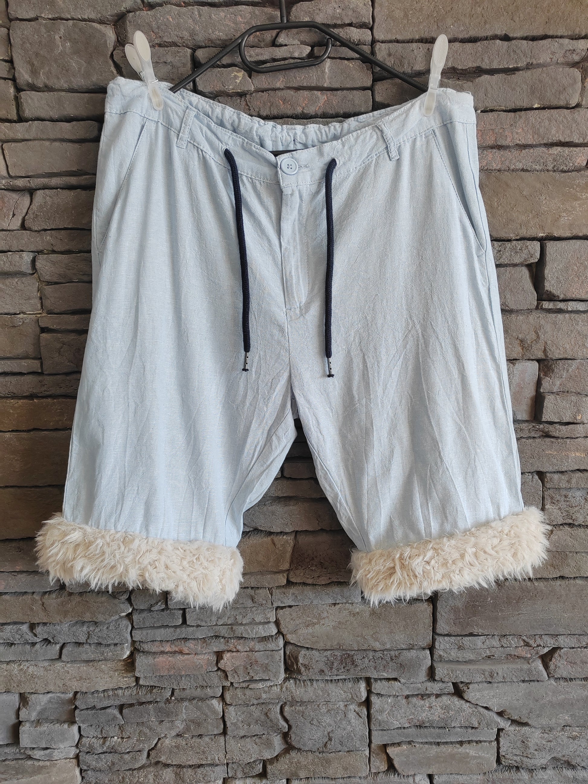 Luffy short men's light blue loose fit soft handmade with faux fur – Wal & Yfful A007