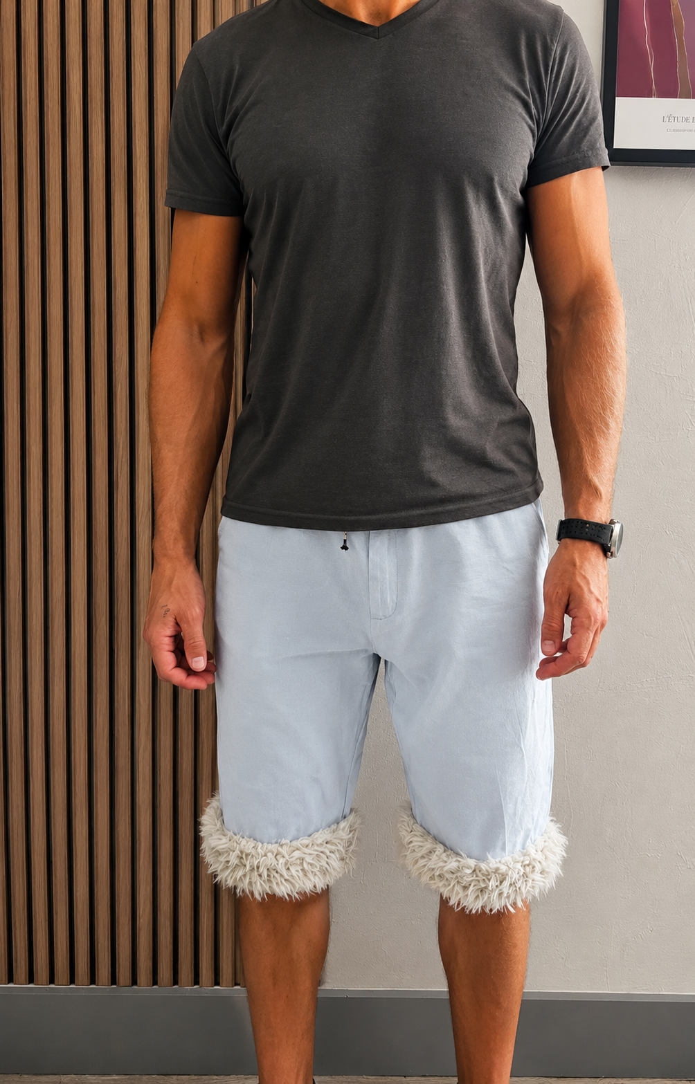 Luffy short men's light blue loose fit soft handmade with faux fur studio 04 – Wal & Yfful A007