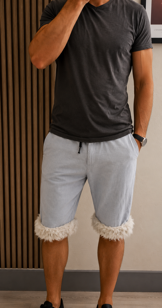 Luffy short men's light blue loose fit soft handmade with faux fur studio 01 – Wal & Yfful A007