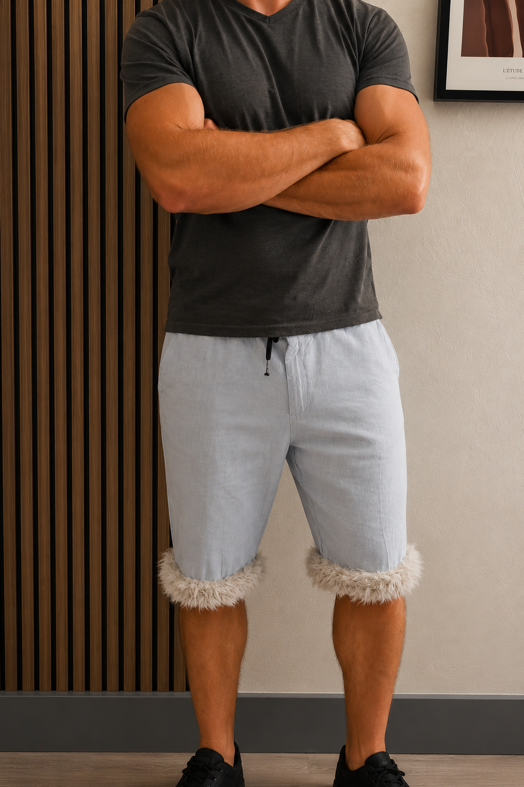 Luffy short men's light blue loose fit soft handmade with faux fur studio 02 – Wal & Yfful A007