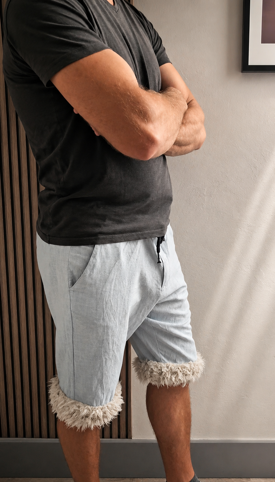 Luffy short men's light blue loose fit soft handmade with faux fur studio 06 – Wal & Yfful A007