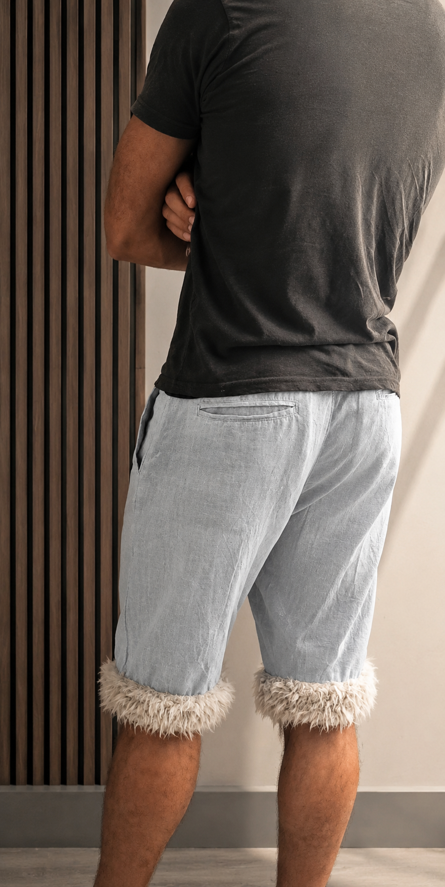 Luffy short men's light blue loose fit soft handmade with faux fur studio 08 – Wal & Yfful A007