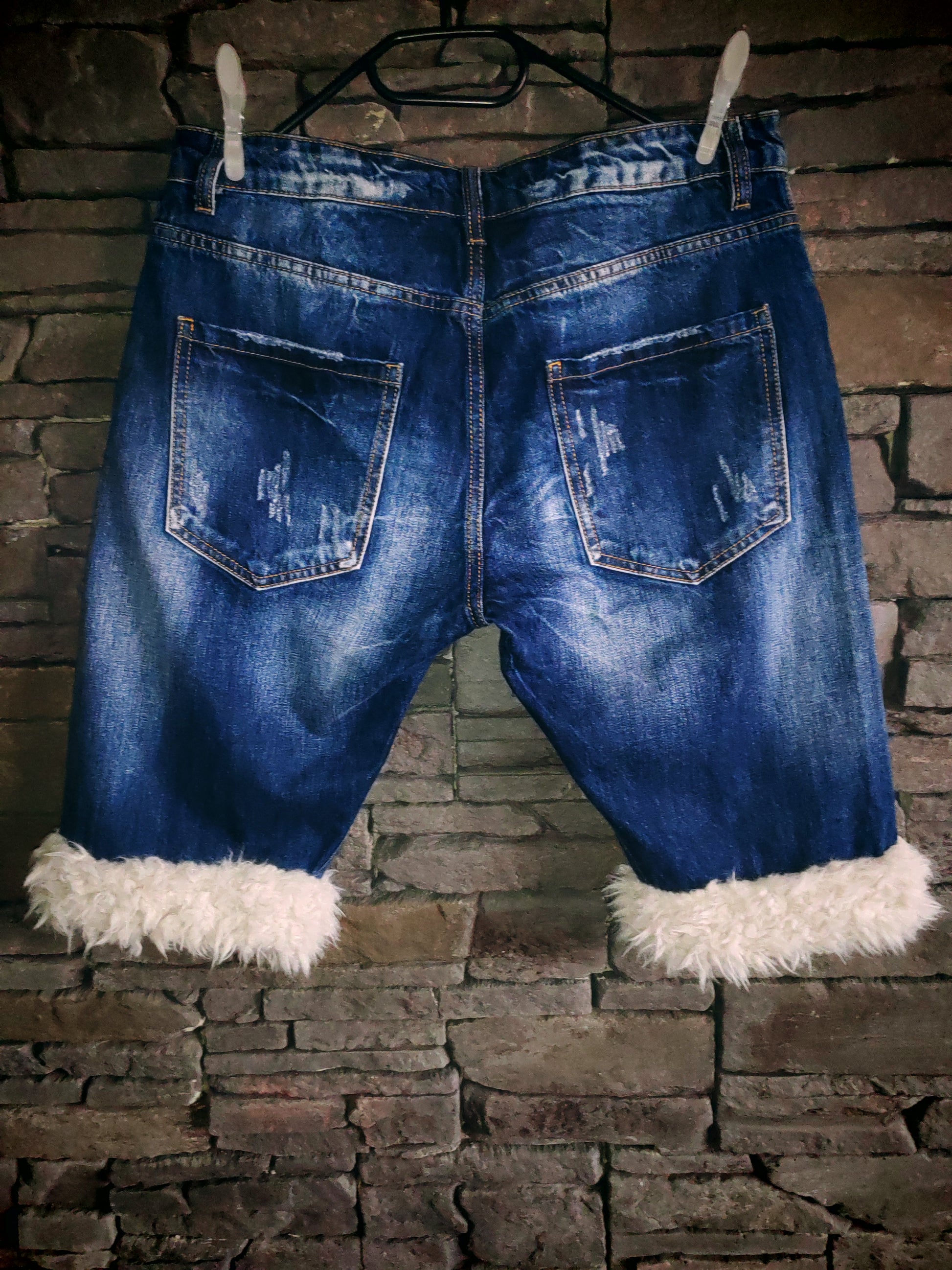 luffy short man blue denim semi wide handmade with faux fur back – Wal & Yfful A016