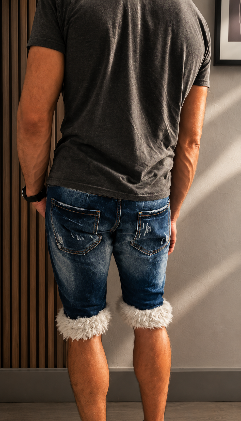 luffy short man blue denim semi wide handmade with faux fur studio 03 – Wal & Yfful A016