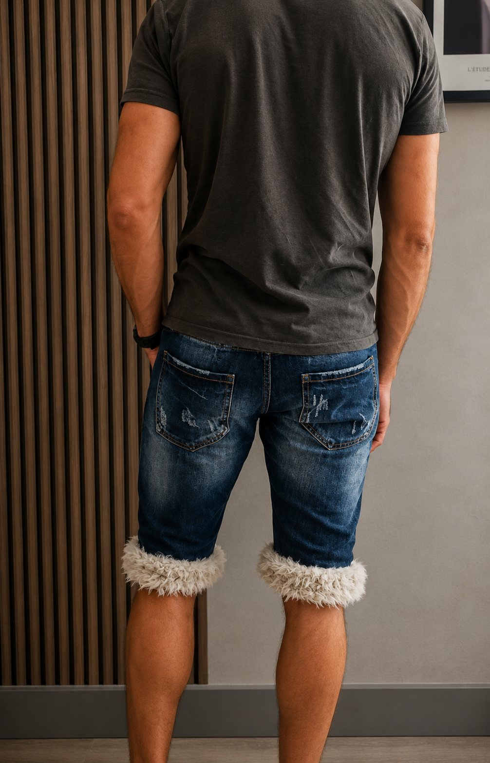 luffy short man blue denim semi wide handmade with faux fur studio 04 – Wal & Yfful A016