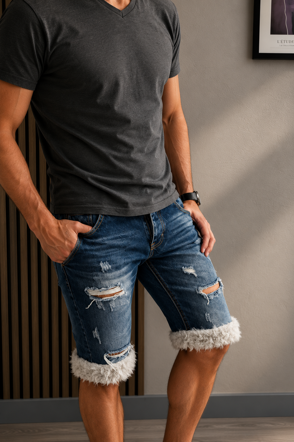 luffy short man blue denim semi wide handmade with faux fur studio 02 – Wal & Yfful A016