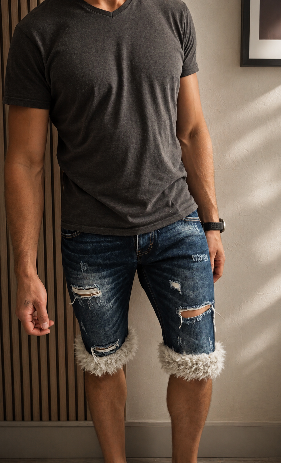 luffy short man blue denim semi wide handmade with faux fur studio 05 – Wal & Yfful A016