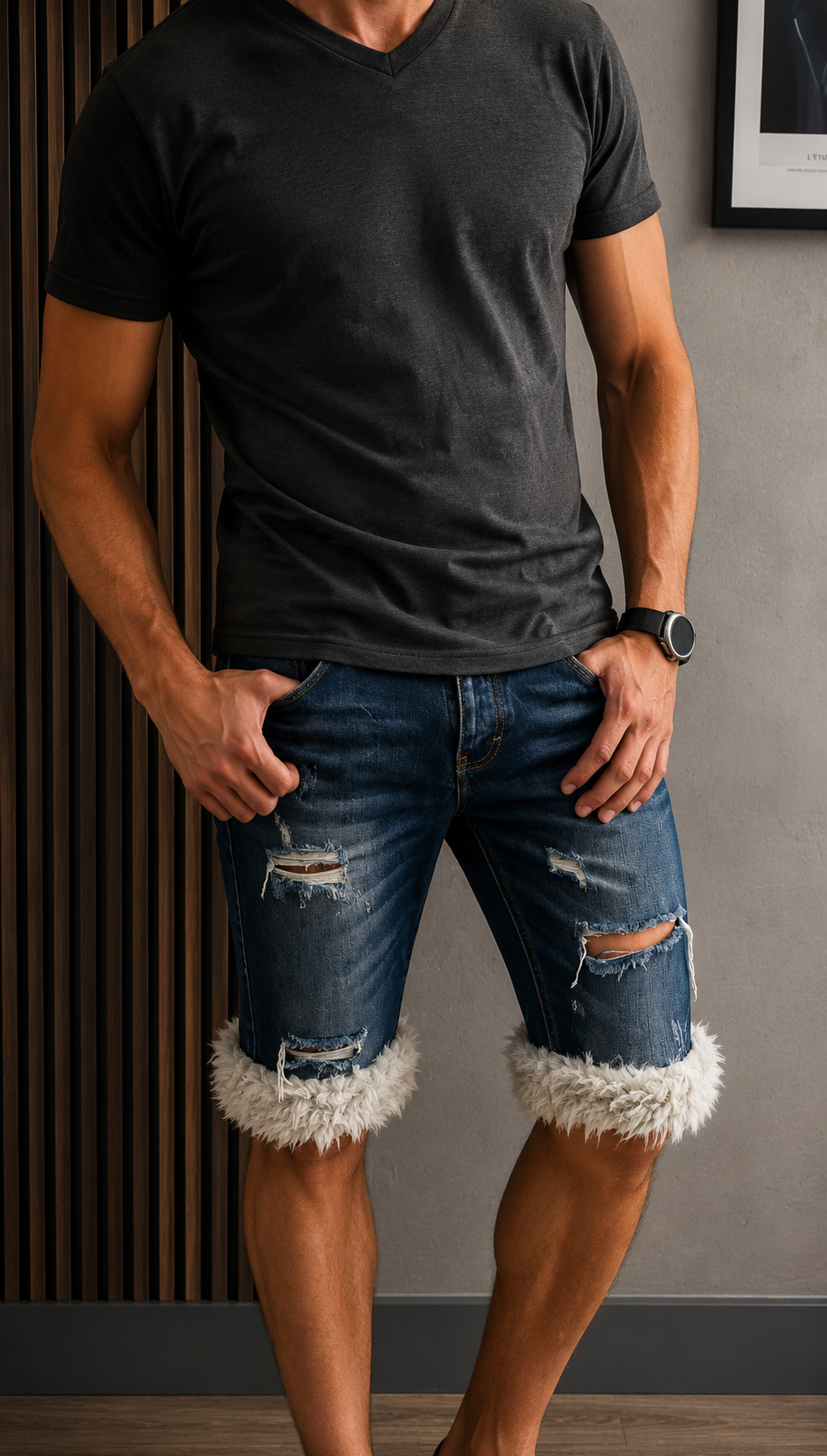 luffy short man blue denim semi wide handmade with faux fur studio 06 – Wal & Yfful A016