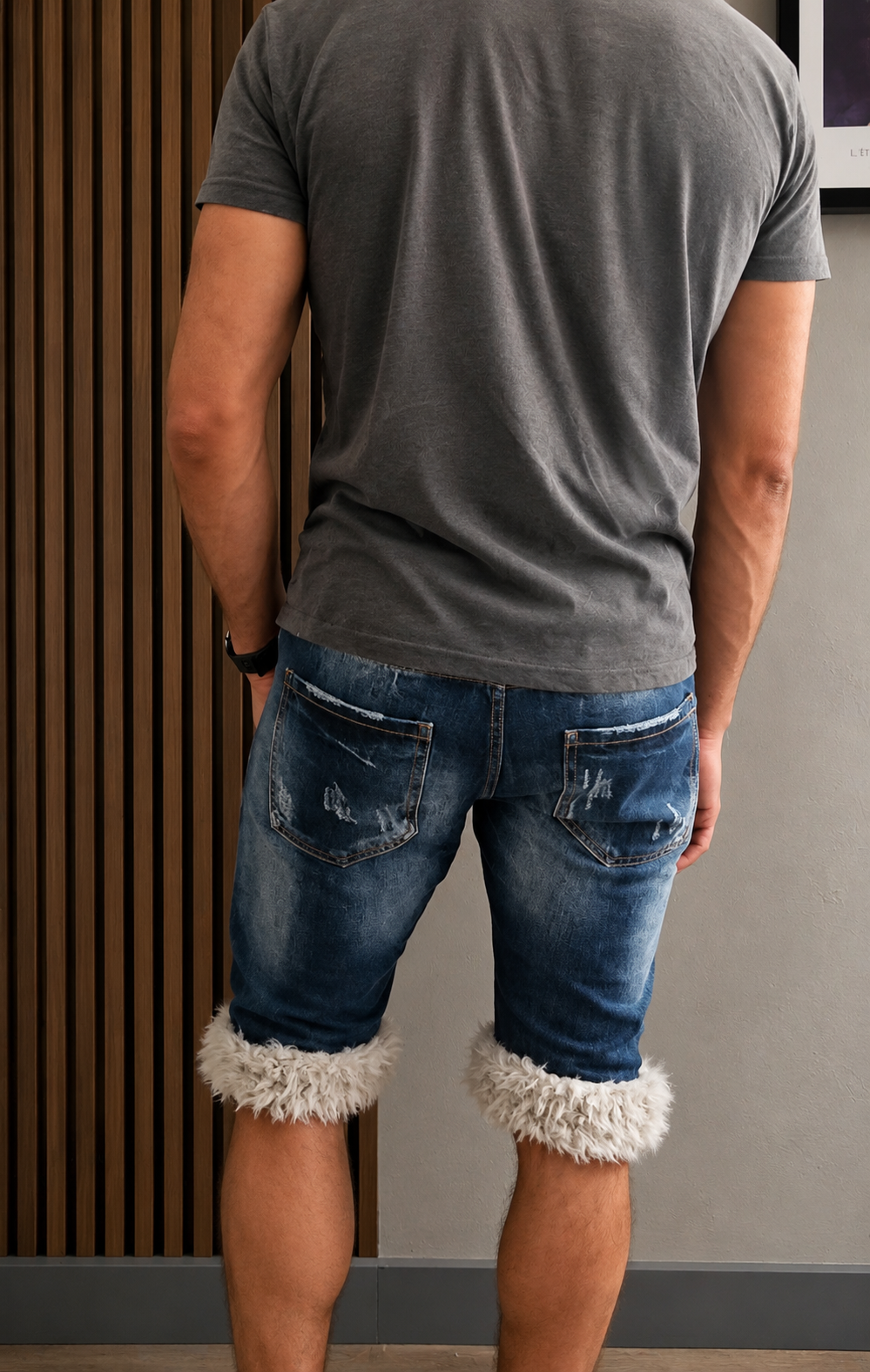 luffy short man blue denim semi wide handmade with faux fur studio 07 – Wal & Yfful A016