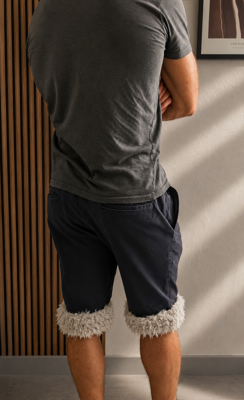 Luffy short men's navy blue loose stretch handmade with faux fur studio 05 – Wal & Yfful A012