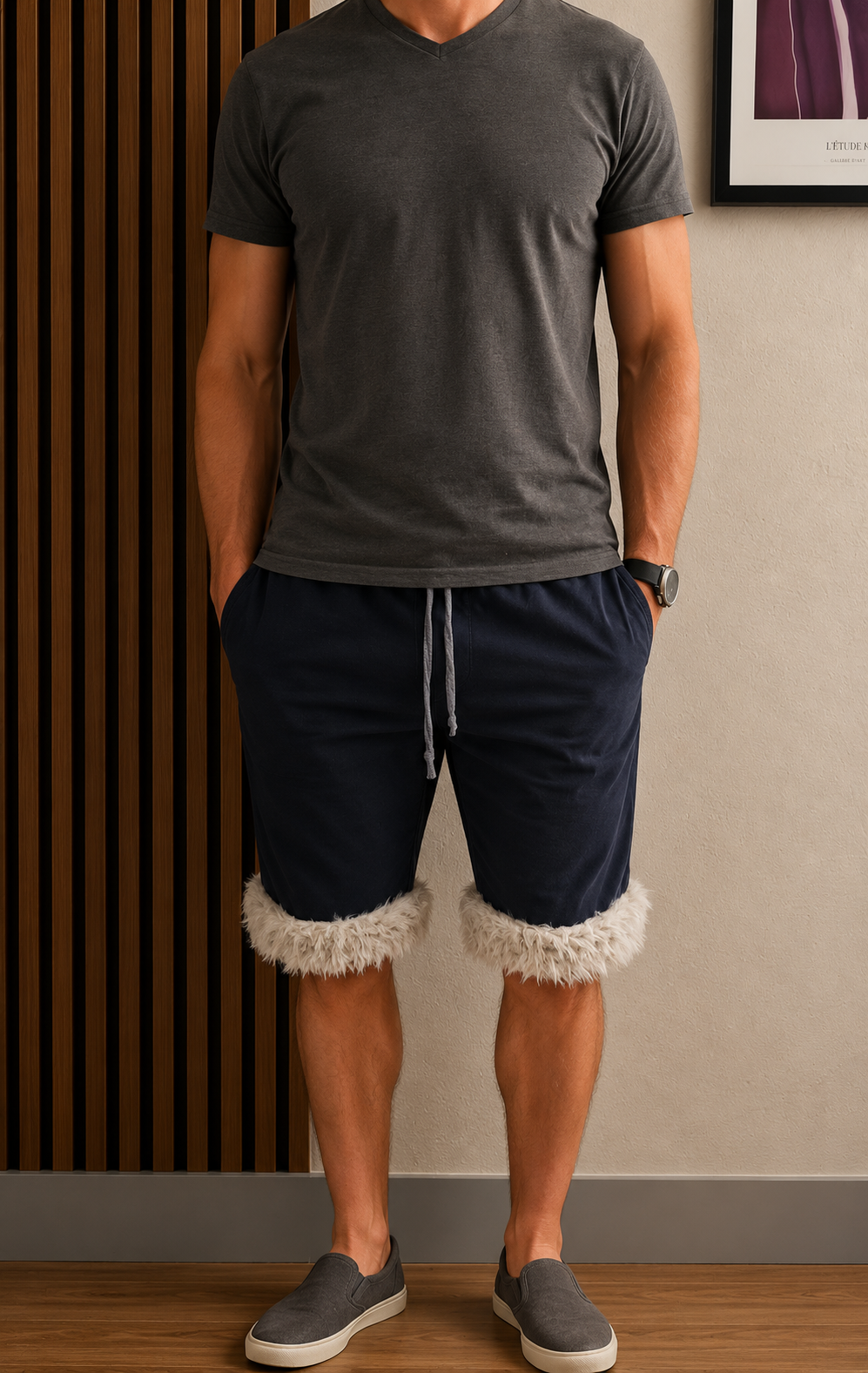 Luffy short men's navy blue loose stretch handmade with faux fur studio 06 – Wal & Yfful A012