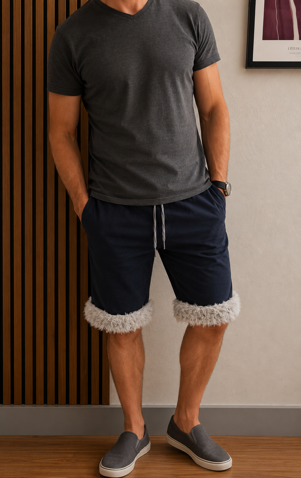 Luffy short men's navy blue loose stretch handmade with faux fur studio 02 – Wal & Yfful A012
