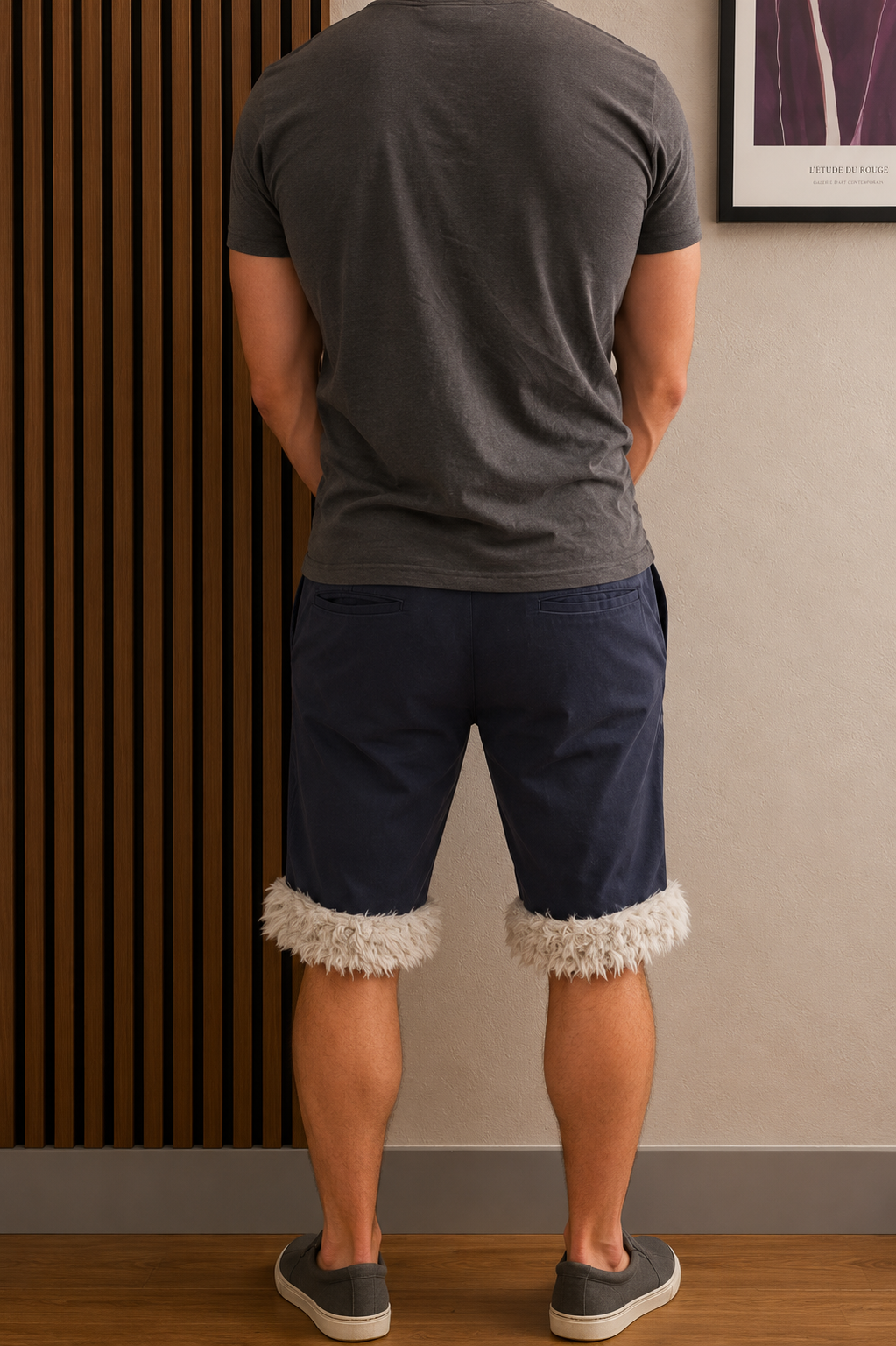 Luffy short men's navy blue loose stretch handmade with faux fur studio 03 – Wal & Yfful A012