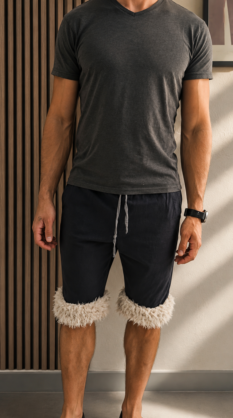 Luffy short men's navy blue loose stretch handmade with faux fur studio 07 – Wal & Yfful A012