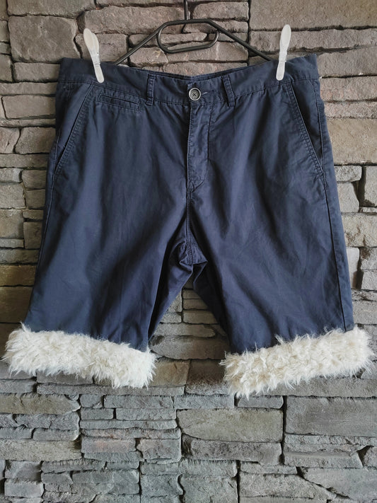 Luffy short men's navy blue loose fit non-stretch handmade with faux fur – Wal & Yfful A011