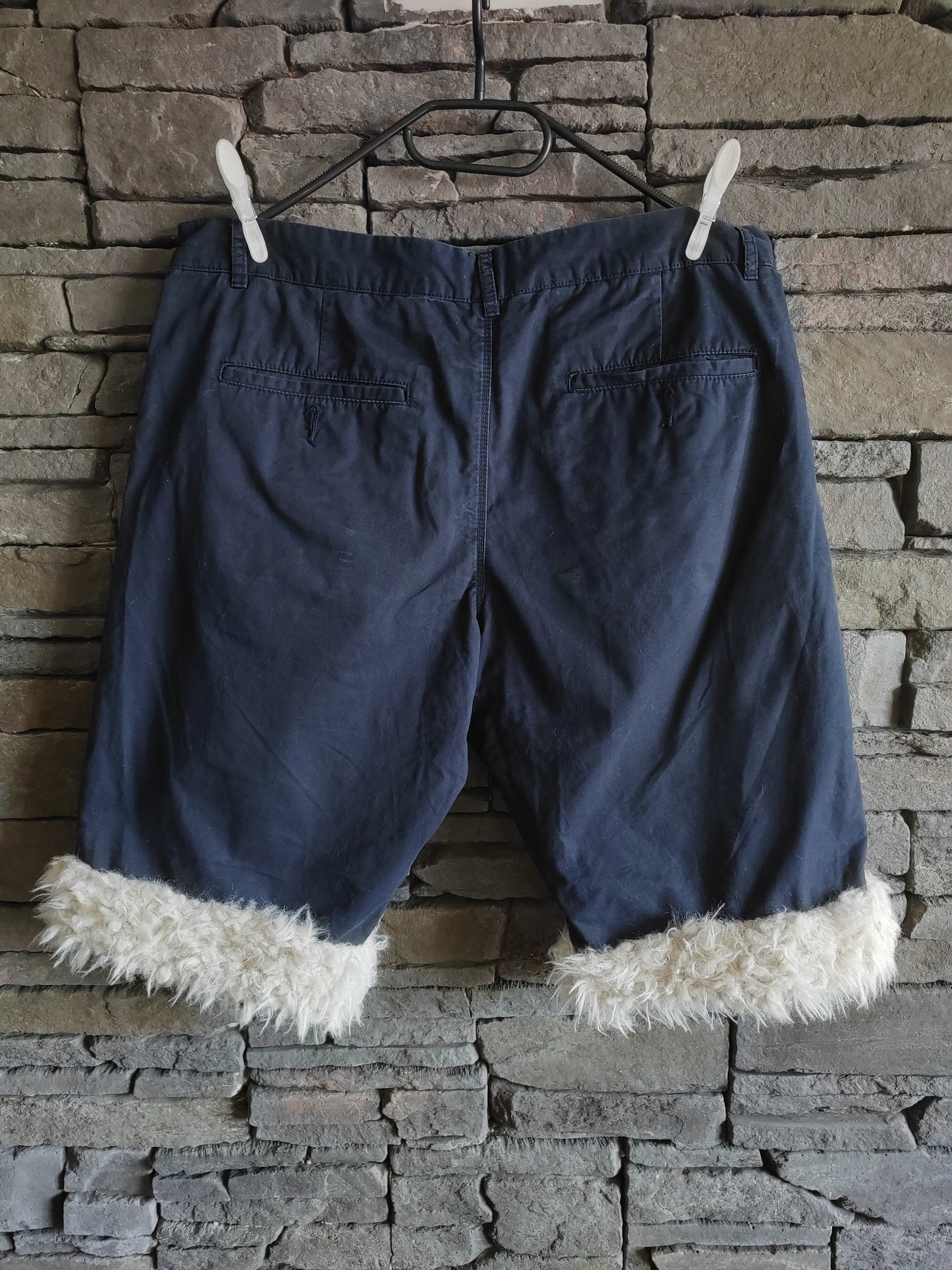 Luffy short men's navy blue loose fit non-stretch handmade with faux fur back – Wal & Yfful A011