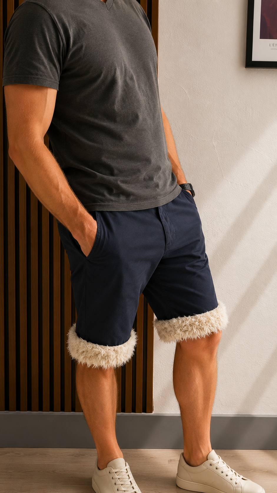 Luffy short men's navy blue loose fit non-stretch handmade with faux fur studio 02 – Wal & Yfful A011