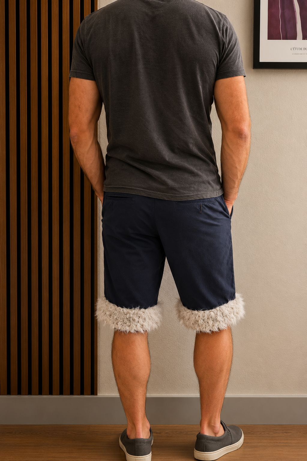 Luffy short men's navy blue loose fit non-stretch handmade with faux fur studio 03 – Wal & Yfful A011