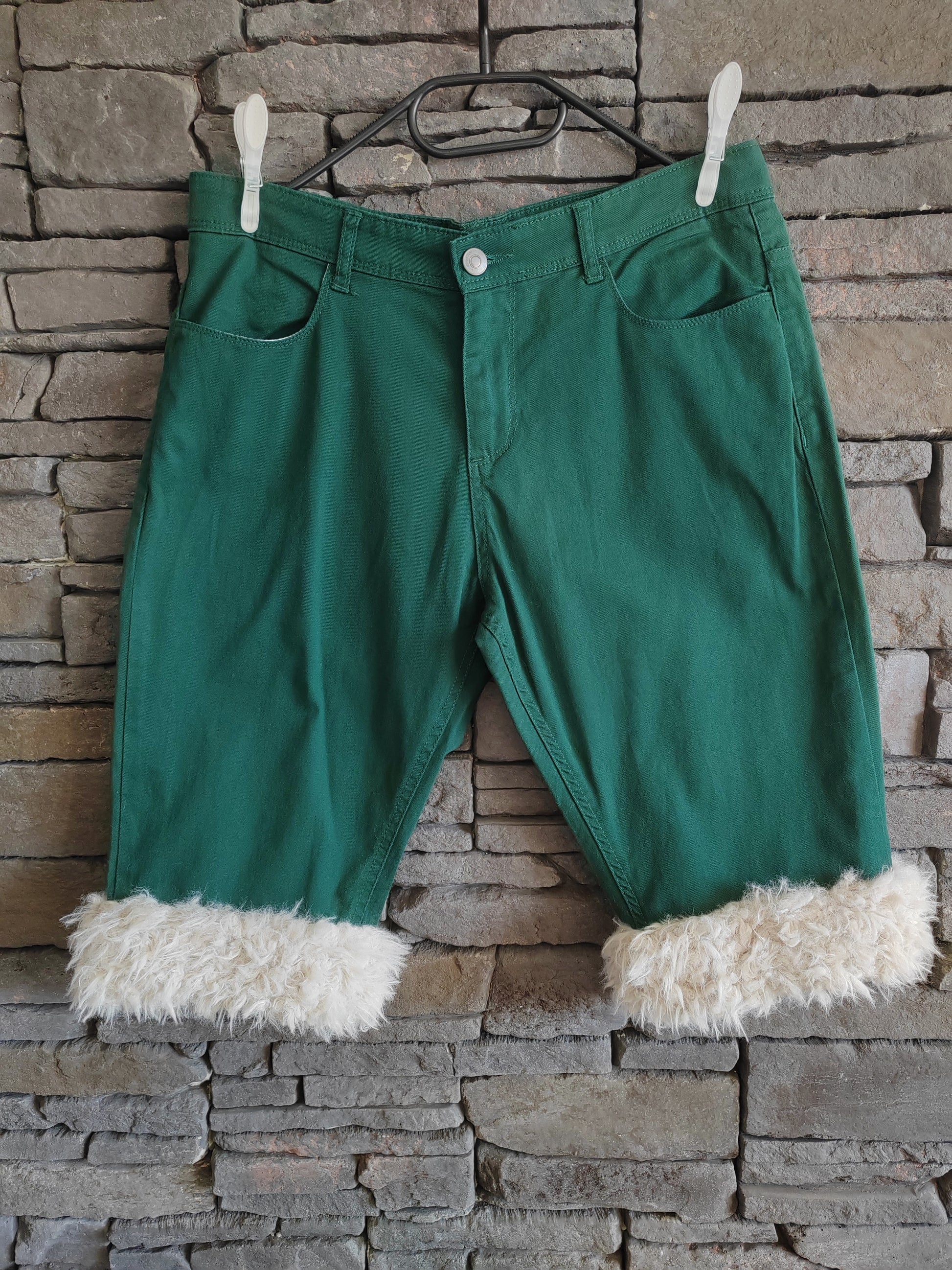 Luffy short men's pine green semi-loose stretch fit handmade with faux fur – Wal & Yfful A010