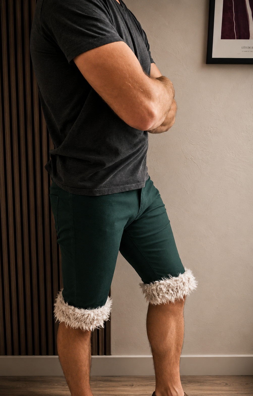 Luffy short men's pine green semi-loose stretch fit handmade with faux fur studio 04 – Wal & Yfful A010