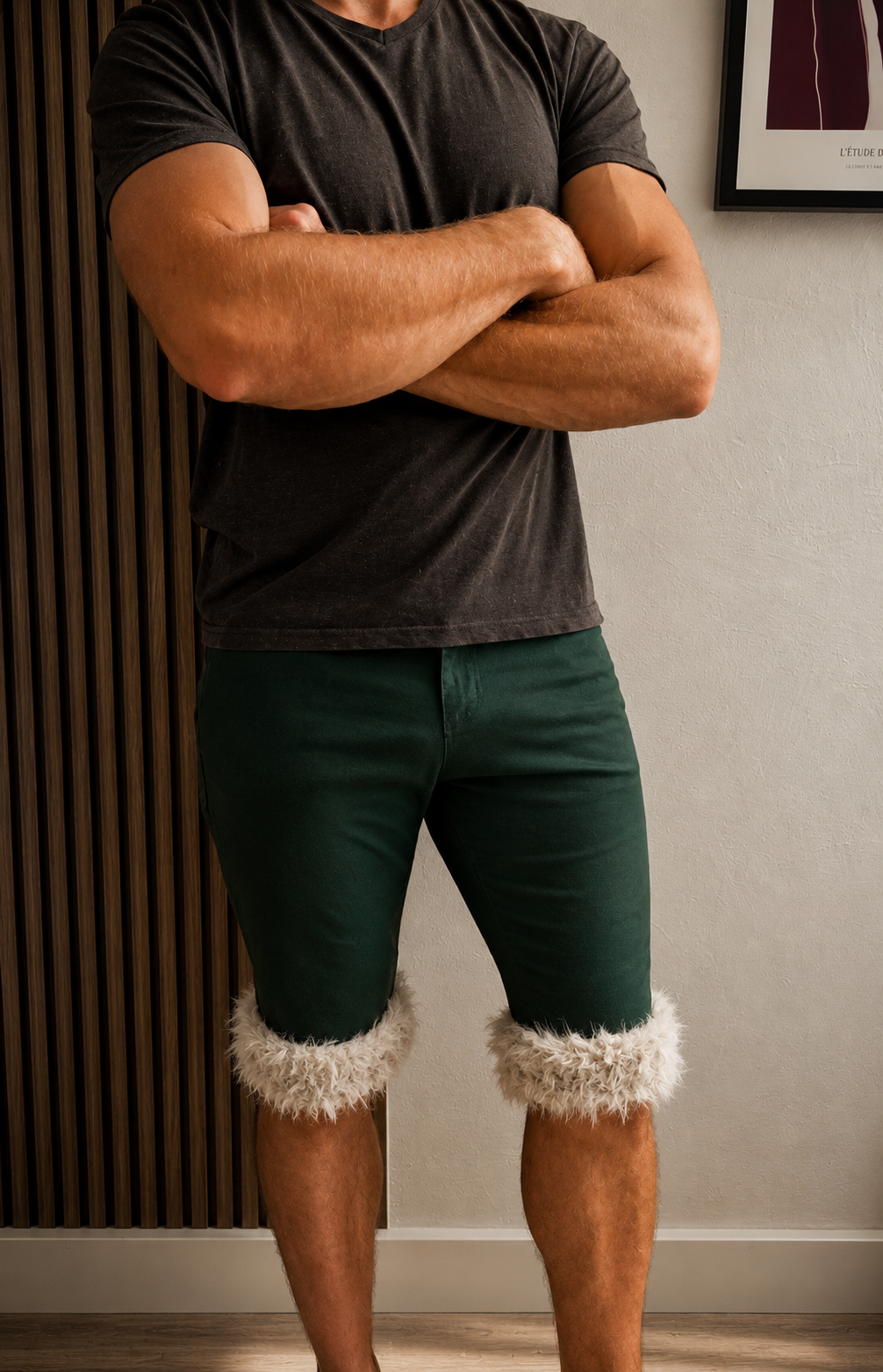 Luffy short men's pine green semi-loose stretch fit handmade with faux fur studio 02 – Wal & Yfful A010