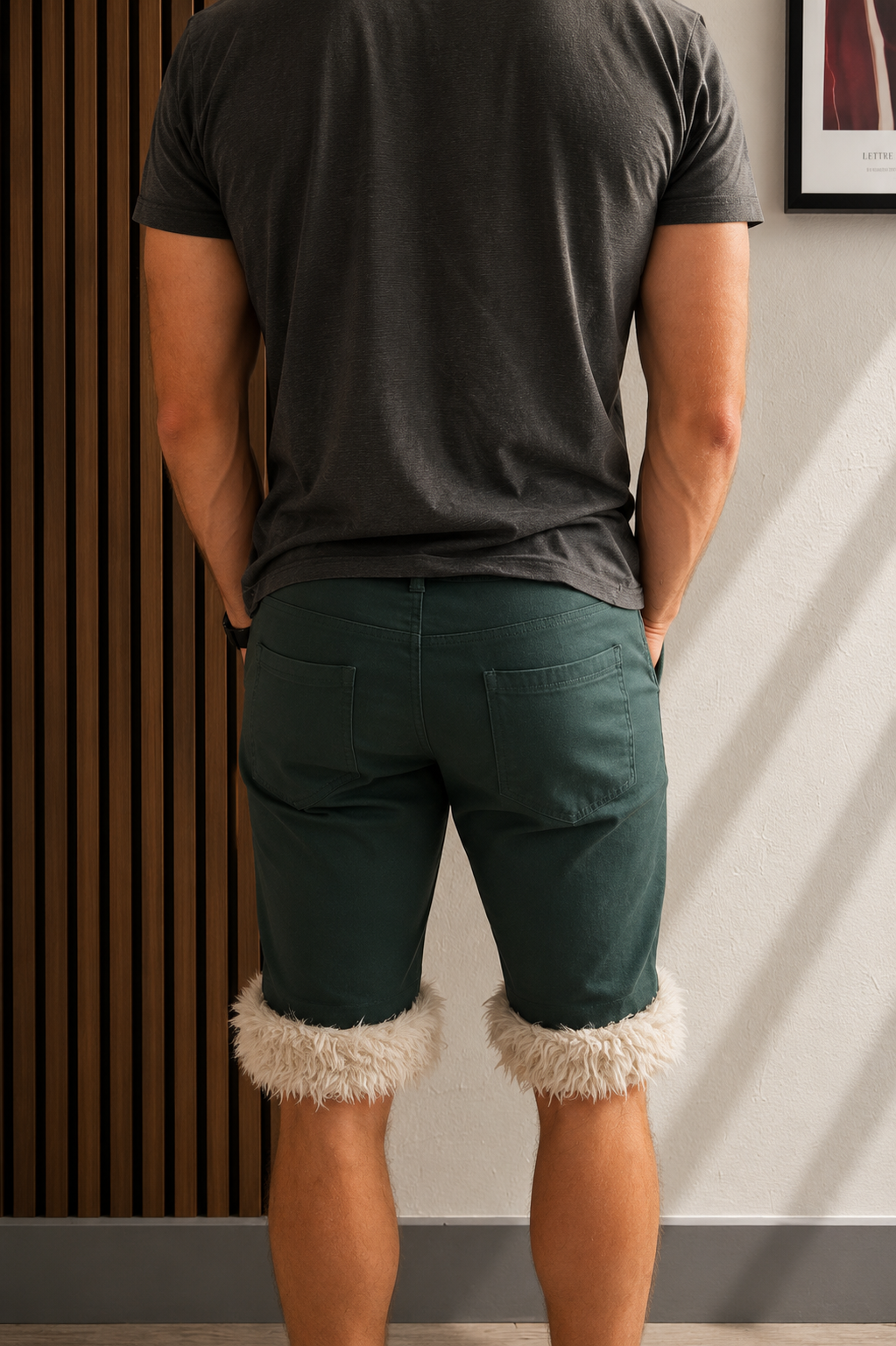 Luffy short men's pine green semi-loose stretch fit handmade with faux fur studio 03 – Wal & Yfful A010