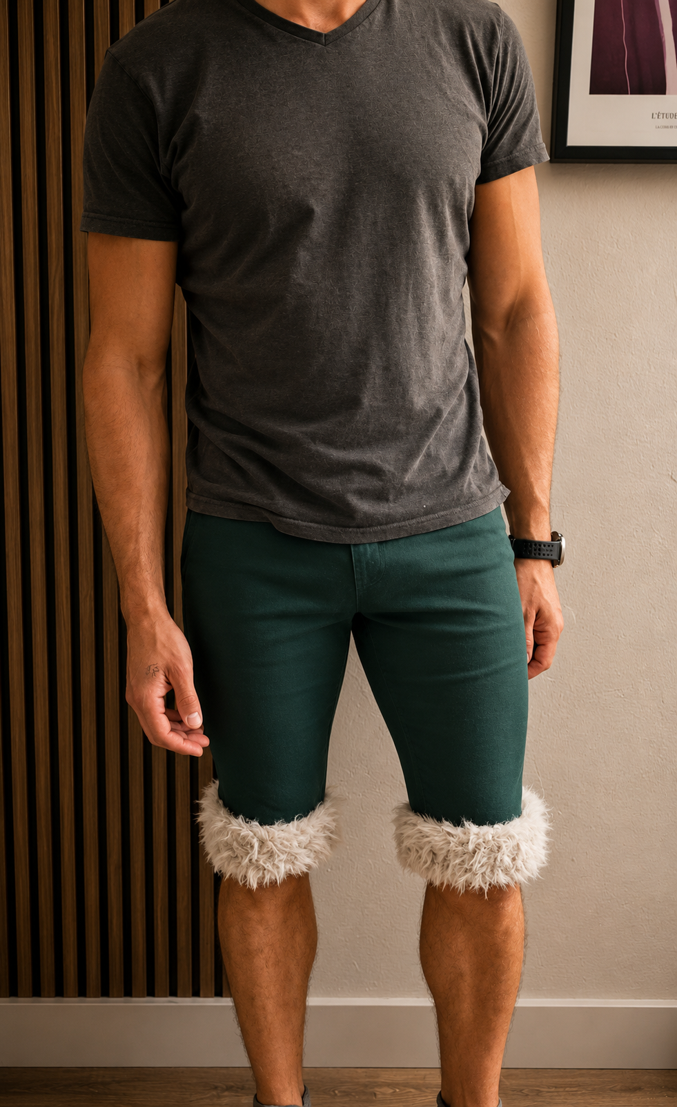 Luffy short men's pine green semi-loose stretch fit handmade with faux fur studio 07 – Wal & Yfful A010