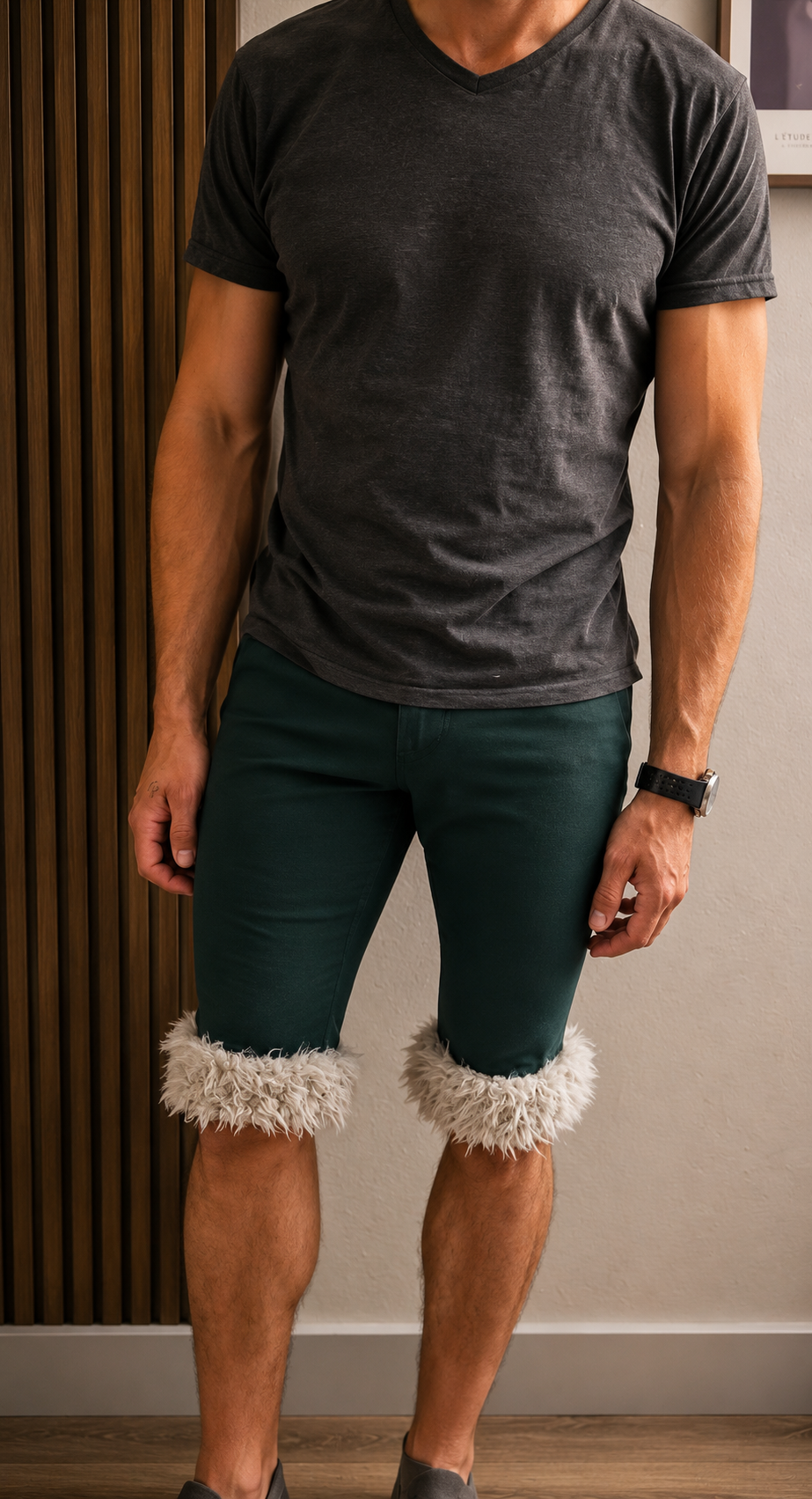 Luffy short men's pine green semi-loose stretch fit handmade with faux fur studio 08 – Wal & Yfful A010