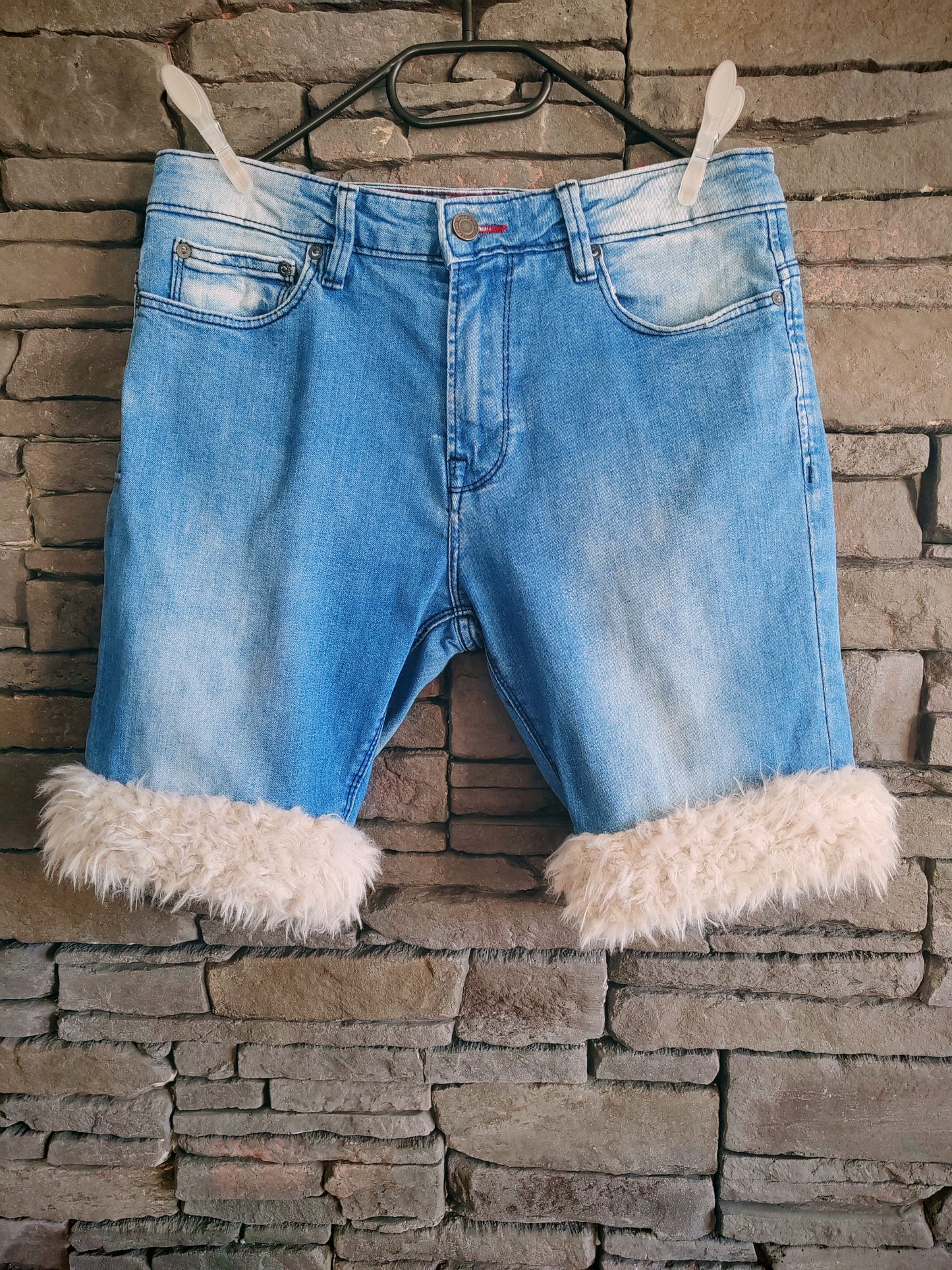 luffy short man blue denim semi wide stretch handmade with faux fur – Wal & Yfful B007