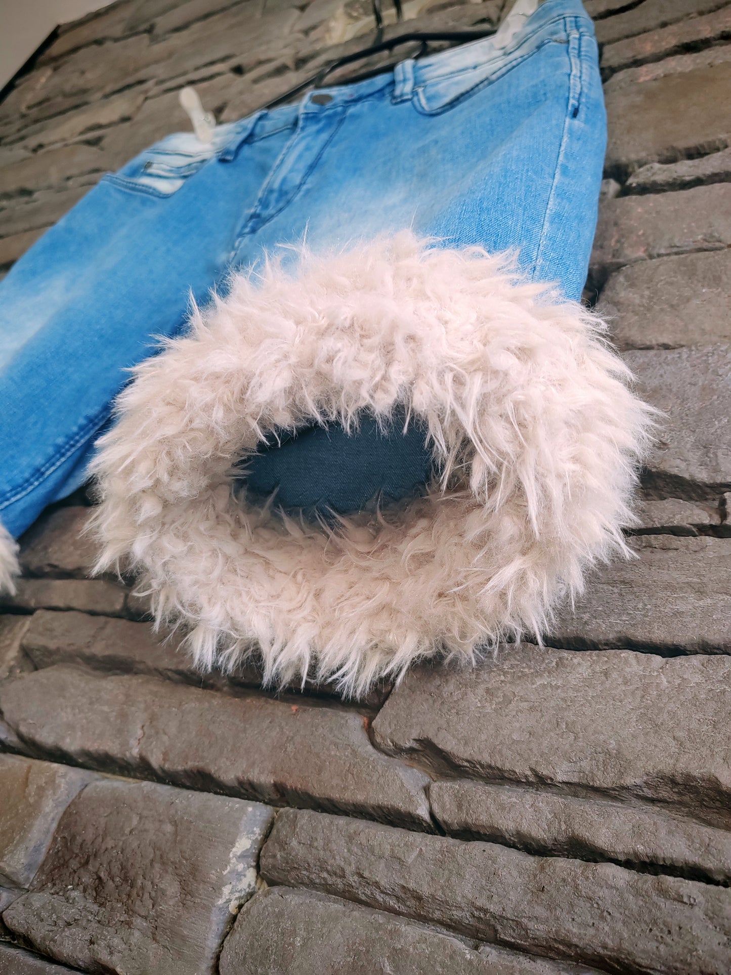 luffy short man blue denim semi wide stretch handmade with faux fur front – Wal & Yfful B007