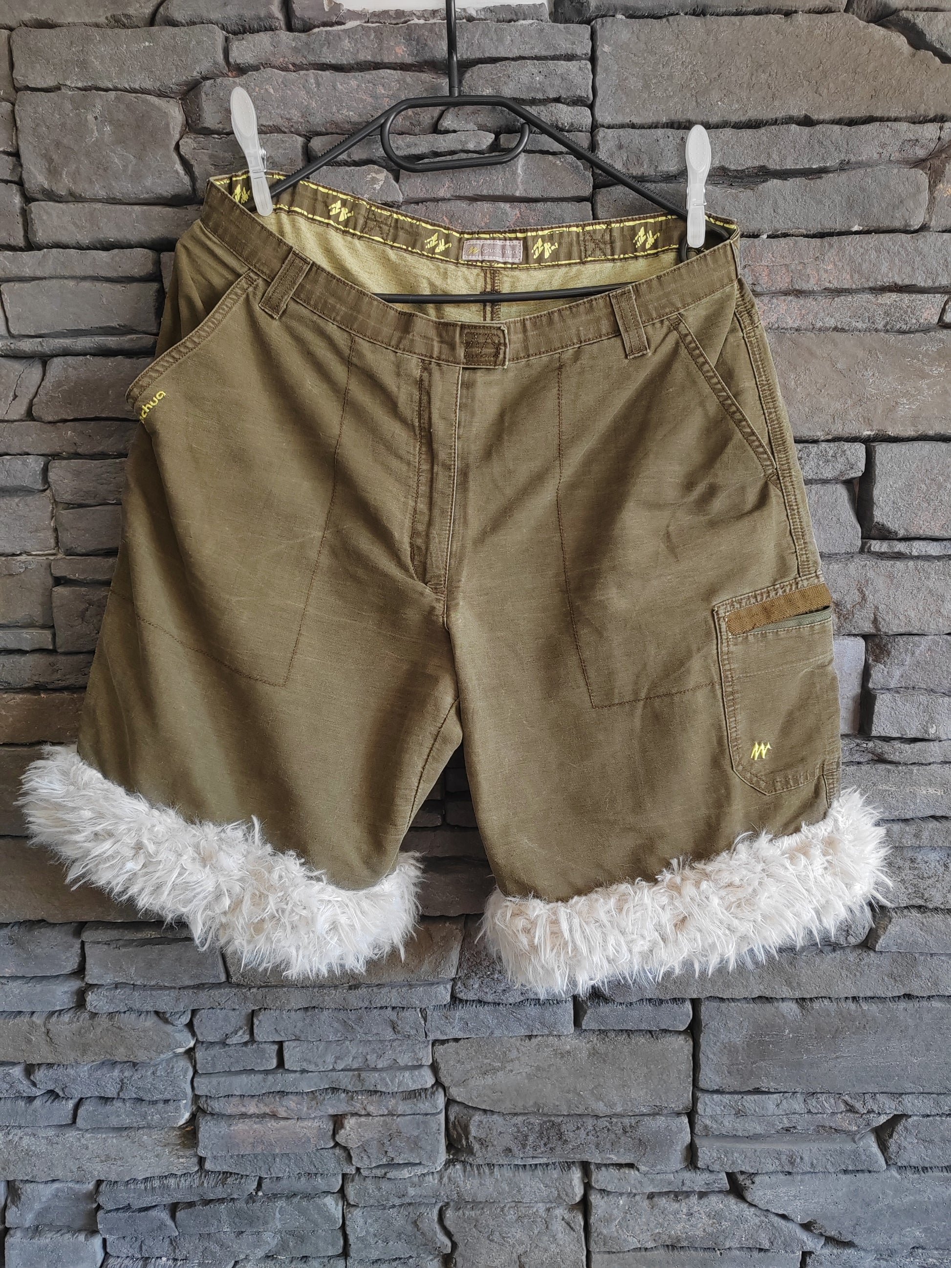 Luffy short men's khaki green semi-loose stretch fit handmade with faux fur – Wal & Yfful A008