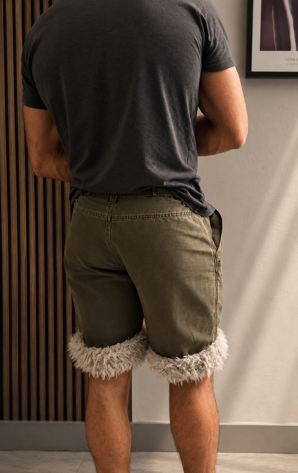 Luffy short men's khaki green semi-loose stretch fit handmade with faux fur  studio 03 – Wal & Yfful A008