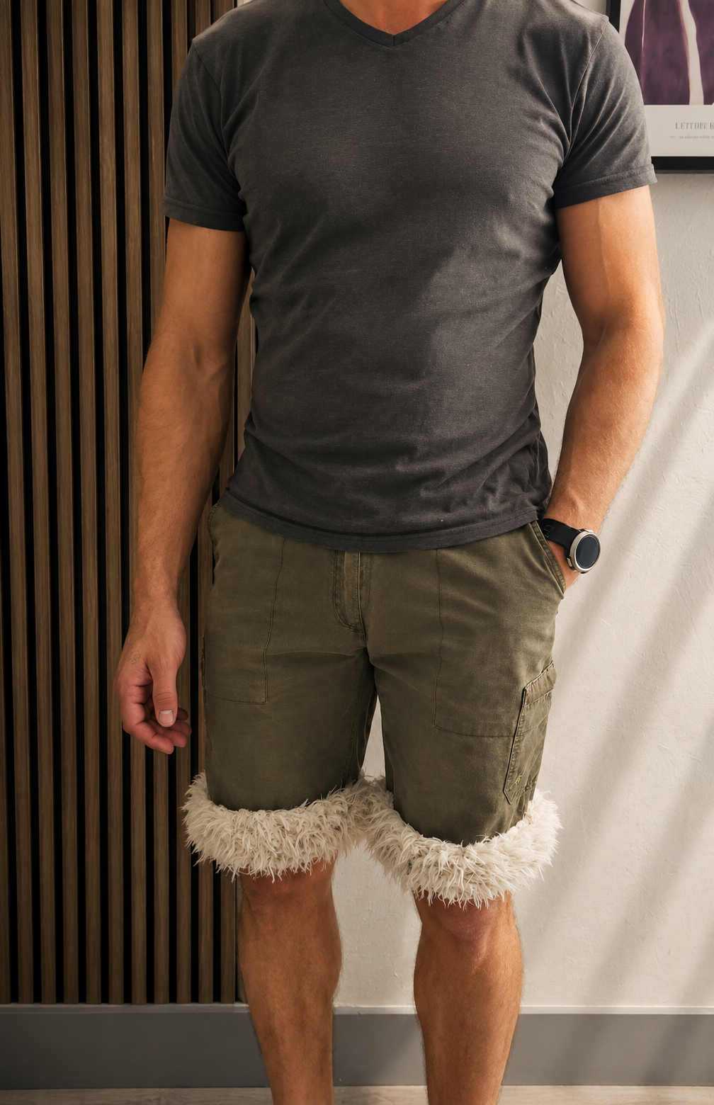 Luffy short men's khaki green semi-loose stretch fit handmade with faux fur  studio 01 – Wal & Yfful A008