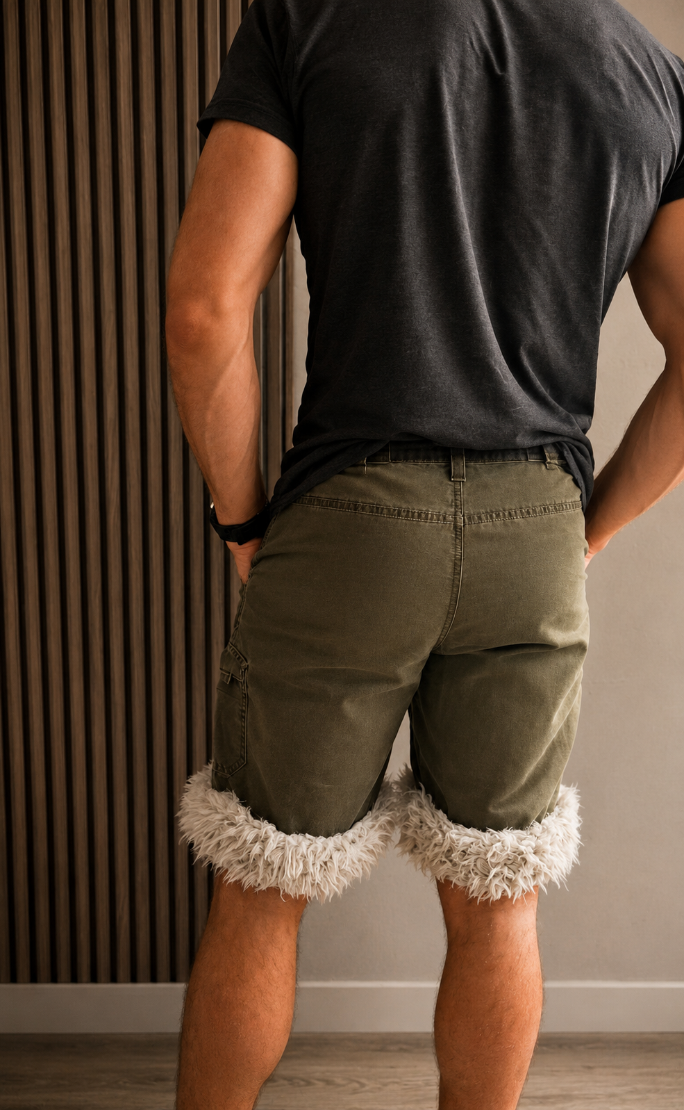 Luffy short men's khaki green semi-loose stretch fit handmade with faux fur  studio 08 – Wal & Yfful A008