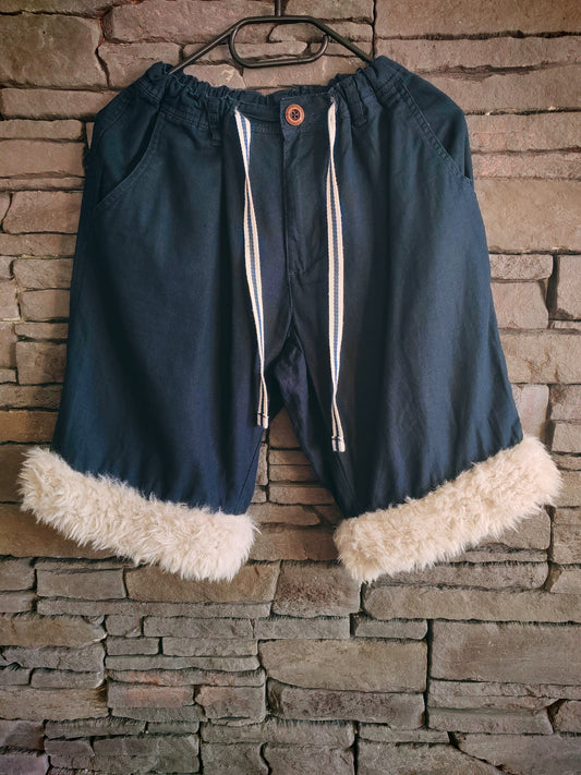 luffy short navy blue linen wide handmade with faux fur – Wal & Yfful B006