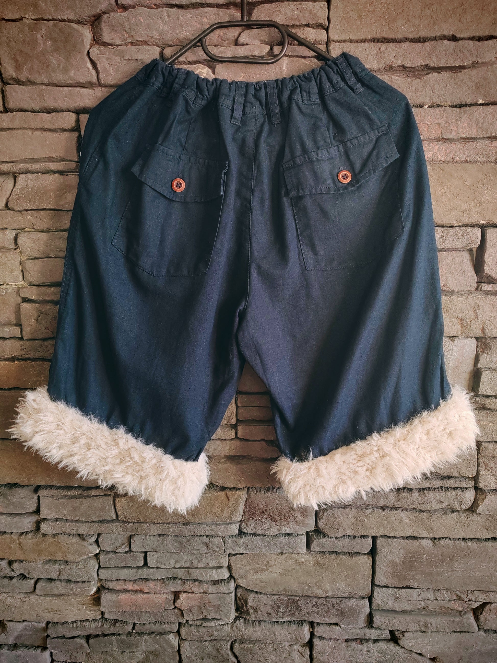 luffy short navy blue linen wide handmade with faux fur back – Wal & Yfful B006